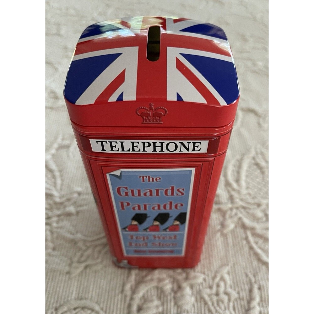 Tin Telephone Bank Money Box England Phone Booth Churchill Beef Eater Guards